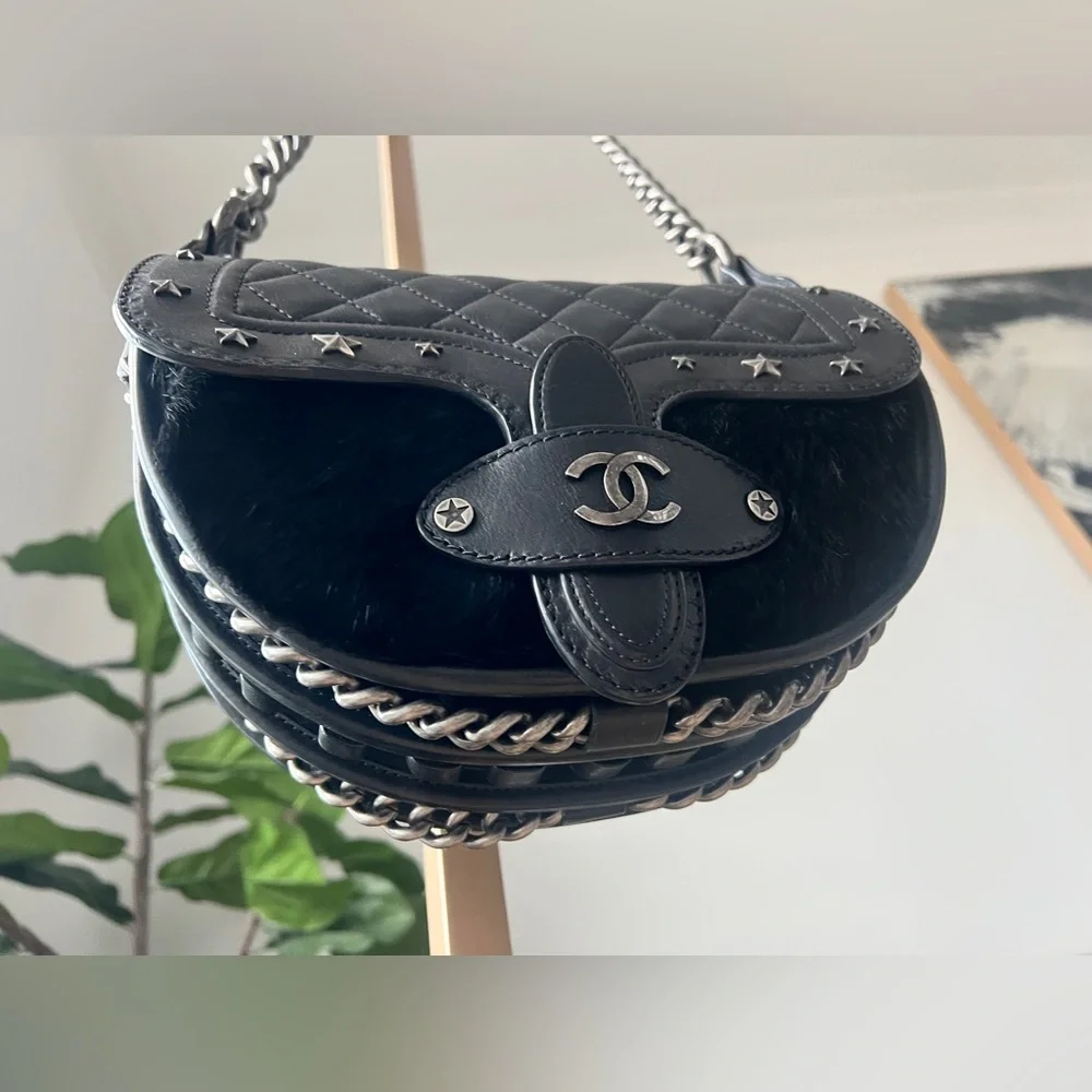 CHANEL Black Quilted & Fur Star-Studded Saddle Bag